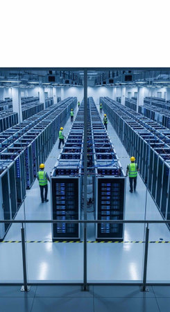 Aisle in a vast data center with server racks and workers in yellow hard hats and vests