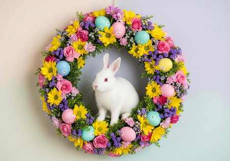 Vibrant Easter wreath with white bunny, flowers, and eggs on pastel background wall decoration