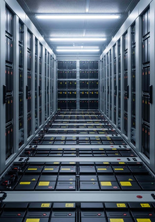 A long, narrow server room with gray walls and ceiling, filled with rows of computer equipment