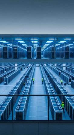 A vast data center with aisles of server racks and workers in high-visibility vests under bright...