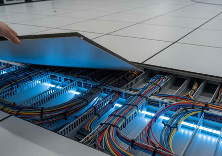 A server cabinet with open panel revealing colorful cables and internal network infrastructure componentsの写真素材