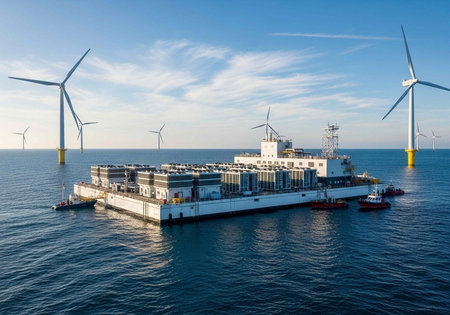 Large white vessel with containers and wind turbines in background on a sunny day