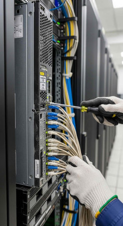 Gloved hands adjusting cables and using screwdriver on server hardware in a data center room
