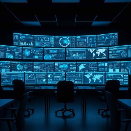 A dimly lit room with a large wall of screens showing various data, graphs, and world maps