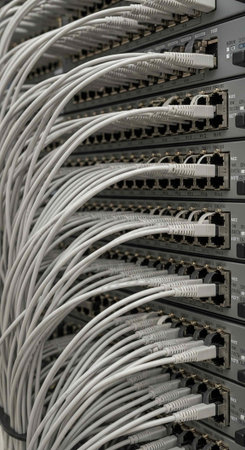 A close-up view of network servers with numerous gray ethernet cables and ports.