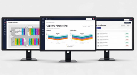 Three black computer monitors show various colorful business charts and graphs on white screens