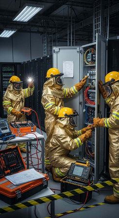 Four firefighters in gold suits and yellow helmets work on electrical panel with tools and equipment