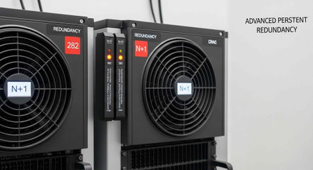 Two black server power supplies with fans, redundancy and N+1 labels, on a white backgroundの写真素材