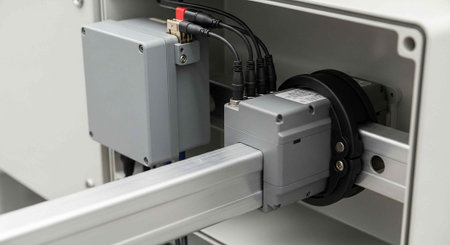 Close-up of gray industrial machinery parts with black wires and metal frame