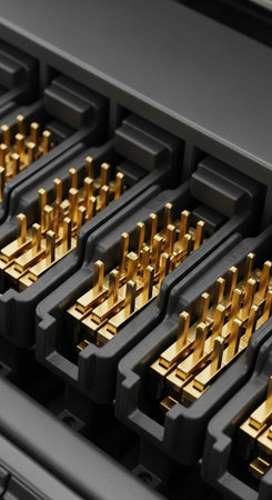 Detailed view of a black plastic connector with gold pins in rows