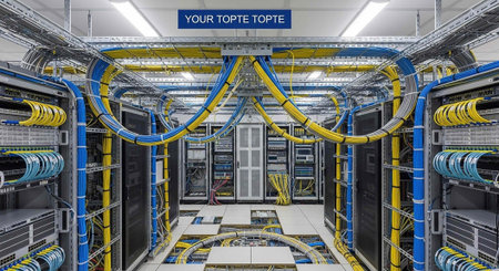 A well-organized data center with rows of server racks, yellow and blue cables, and a clean white...