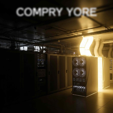 A dimly lit server room with rows of computer equipment and illuminated vents
