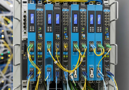 A close-up view of a server with multiple blue circuit boards and wires
