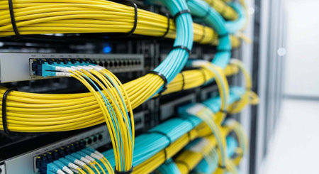 A close-up view of neatly organized network cables in a server room
