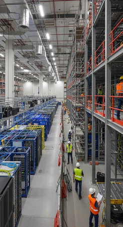 Workers in high visibility vests inspect a large warehouse storage facility with shelving units