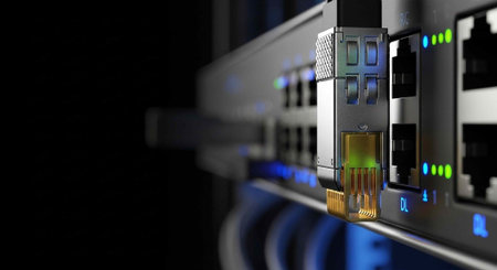 A close-up view of a network switch with a cable connected to it