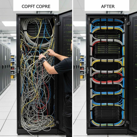 A person organizing and neatly arranging cables in a server room before and after