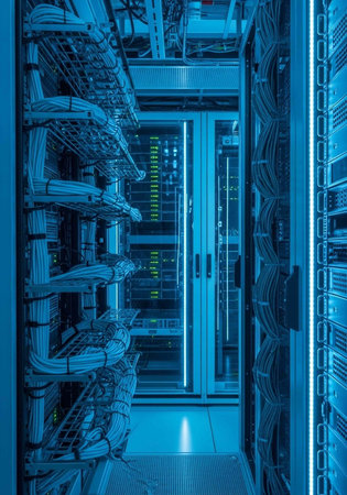 A modern server room with rows of computer equipment and cablesの写真素材