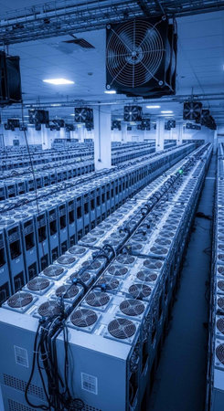 A large data center with rows of computer servers and cooling fans overheadの写真素材