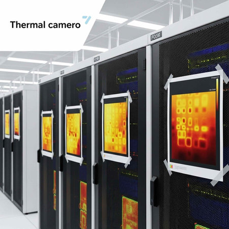 A row of server racks with thermal imaging cameras in a data center
