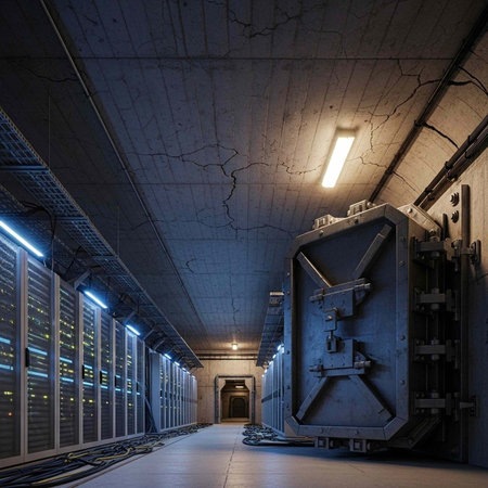A large metal door in a dimly lit server room with rows of computer equipmentの写真素材