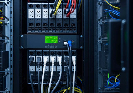 A close-up view of a server rack with cables and network equipment