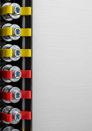 A close-up view of a storage rack with colorful straps holding items
