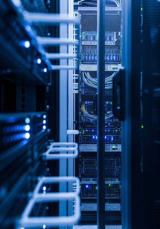 A modern data center with rows of computer servers and networking equipment