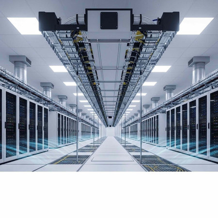 A large server room with rows of computer servers and modern technology infrastructure