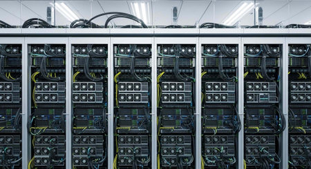 A large server room with rows of computer equipment and cables