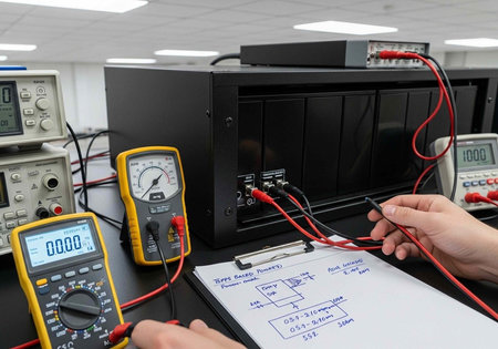 A person testing electronic equipment with multimeters in a laboratory setting.