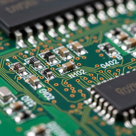 A close-up view of a green circuit board with various electronic components