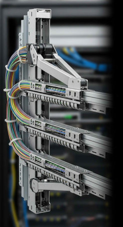 A close-up view of a server with colorful cables and modern technology