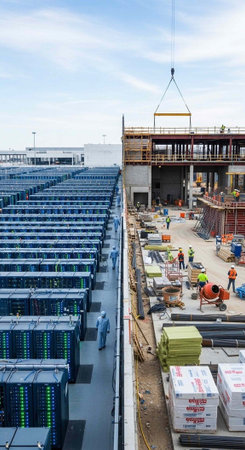 A construction site with workers and materials for a large industrial building project