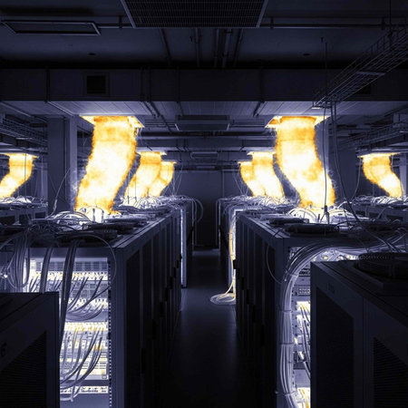 A dark server room with rows of computer servers and bright yellow lights