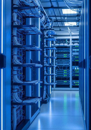 A modern data center with rows of server racks and cables