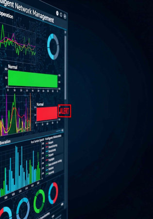 A computer screen displays a network management system with various graphs and alerts