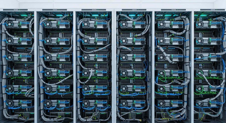 A close-up view of a server room with rows of computer equipment and cables