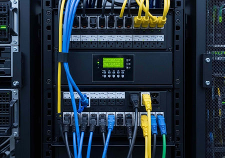 A close-up view of a server with colorful cables and wires connected to it