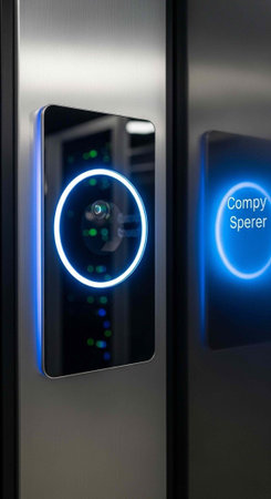 A sleek electronic door lock with a glowing blue ring on a modern metal doorの写真素材