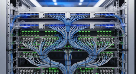 A complex network server room with organized cable management and green lights