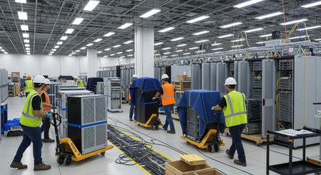 Workers in a large industrial warehouse moving equipment on carts and dollies
