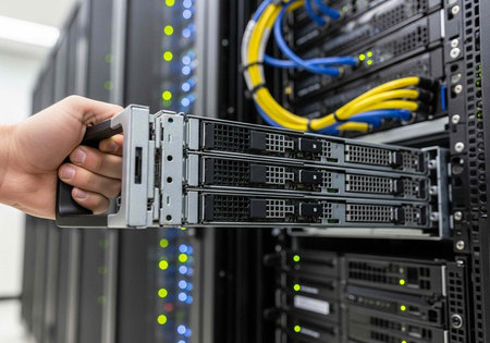 A person installing a server module into a data center rack with cables