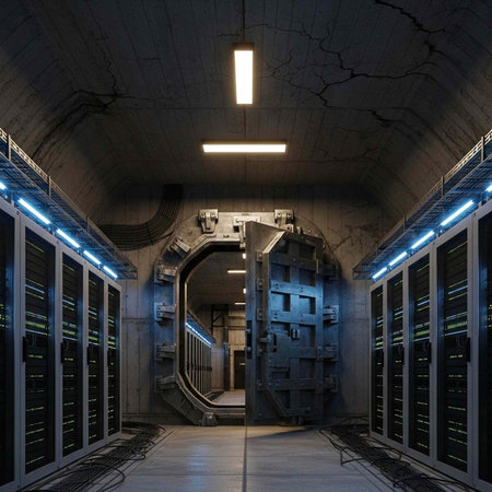 A dimly lit server room with rows of computer servers and a large metal door