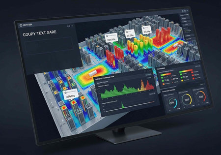 A computer monitor displaying a data visualization dashboard with various graphs and charts