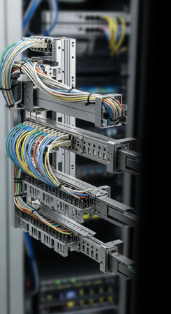 A close-up view of a server rack with colorful cables and wires neatly organizedの写真素材