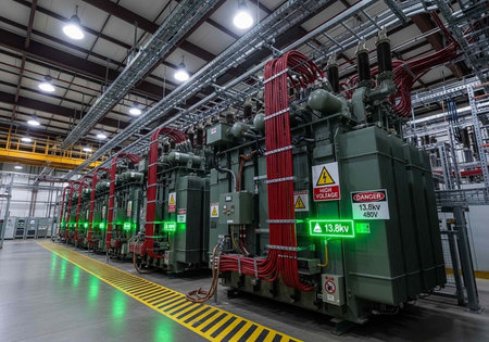 A row of large industrial electrical transformers in a modern factory or warehouse setting