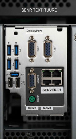A close-up view of a server's back panel with various ports and connectors