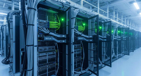 A large data center with rows of computer servers and green lights