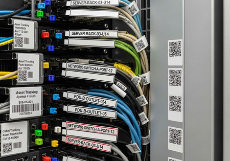 A close-up view of a server rack with organized cables and labels